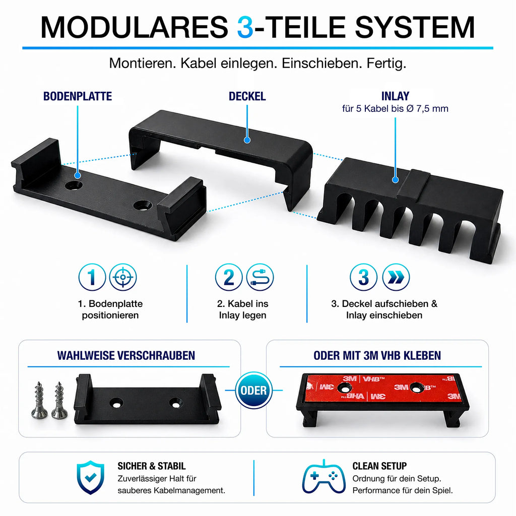 Kabelhalter Schwarz 5-Fach – modularer Kabelsortierer für Clean Setup & Kabelmanagement