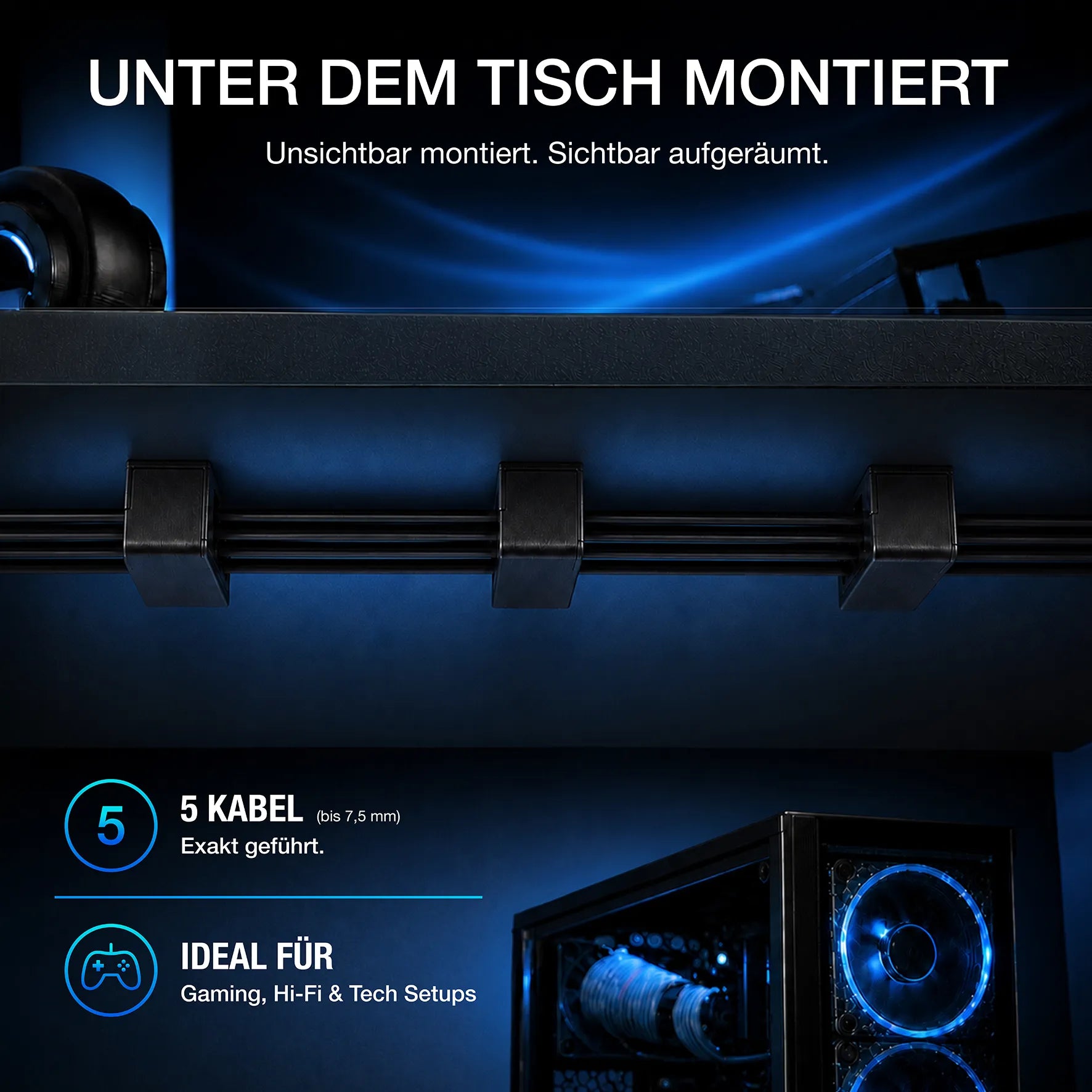 Kabelhalter Schwarz 5-Fach – modularer Kabelsortierer für Clean Setup & Kabelmanagement